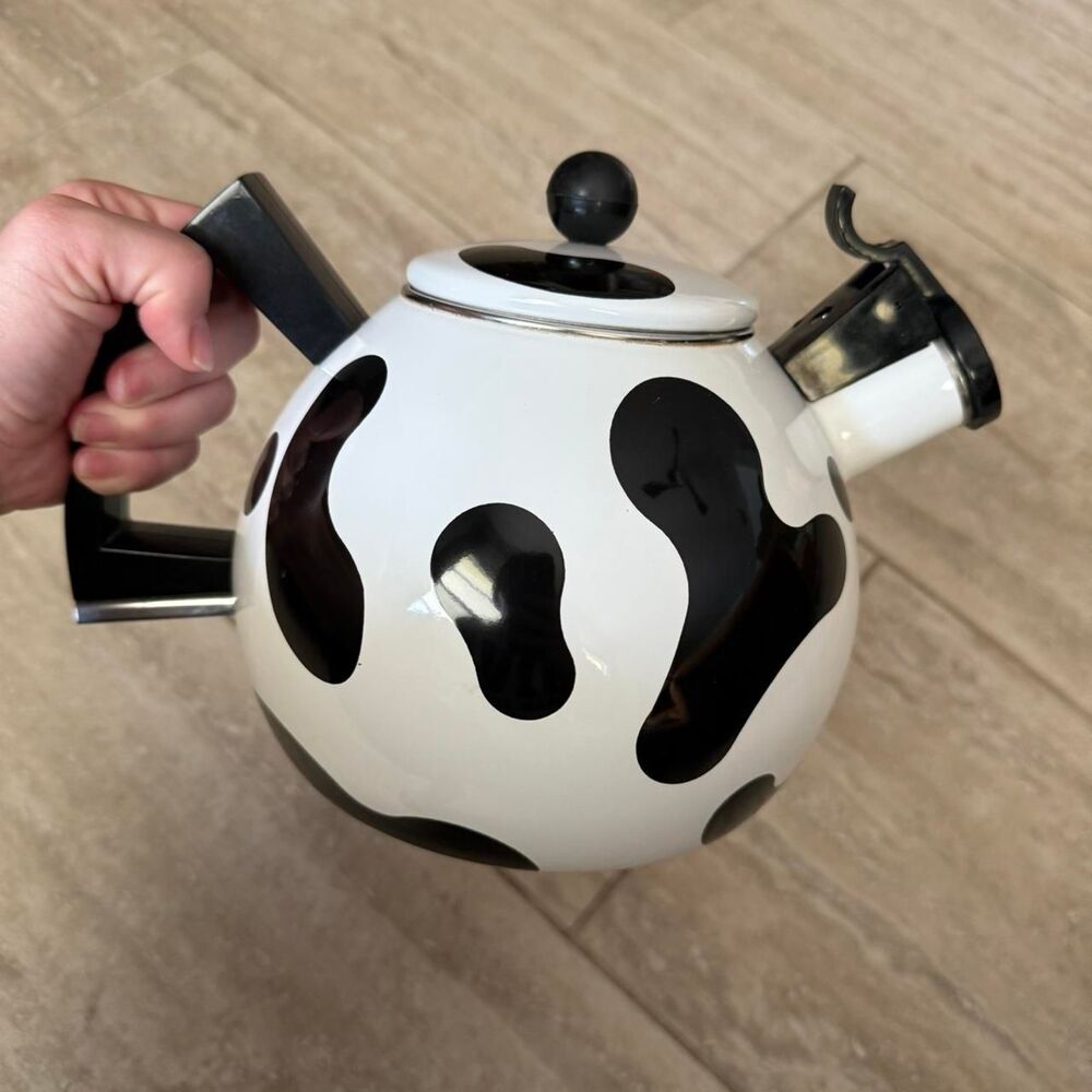 VTG Cow Print Tea Kettle Enamel Whistling Teapot Copco Style Retro Farmhouse 90s